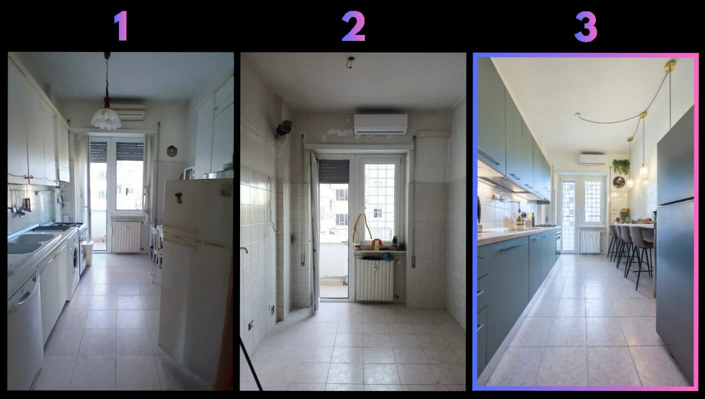 Una cucina in tre fasi: prima, durante e dopo