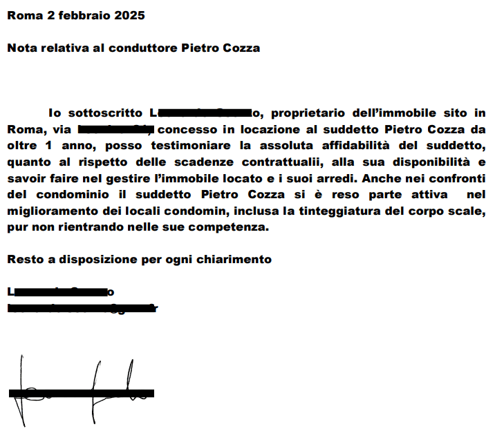 Lettera di referenza firmata dal proprietario dell’immobile di Via Leonina